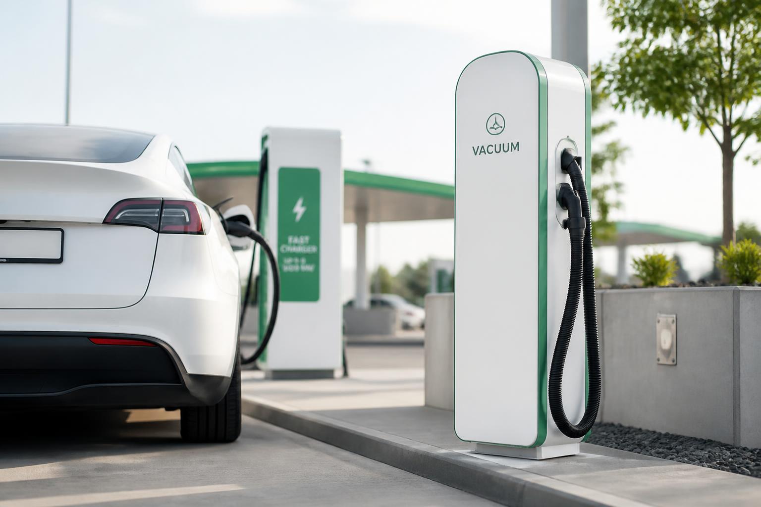 Borne d'aspirateur VoltVac à côté d'une borne de recharge EV